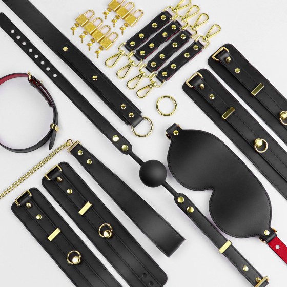 Lockable Sex Bondage BDSM Kits,7 Pcs Leather Adjustable Restraints Set with Handcuffs Ankle Cuffs Blindfold Cross Strap Paddle Collar and Leash Ball Gag,Adult Sex Toys for Couple Beginner SM Game Play