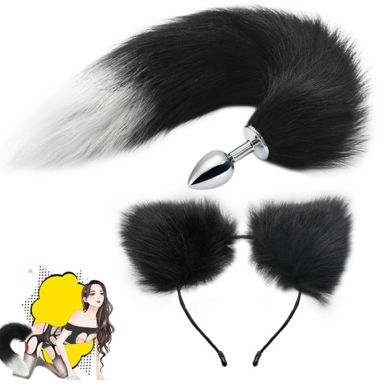 Stainless Steel Anal Butt Plug with Faux Silver Fox Tail and Ear-Anal Stopper Tail Sex Toy for SM Adult Games or Cosplay